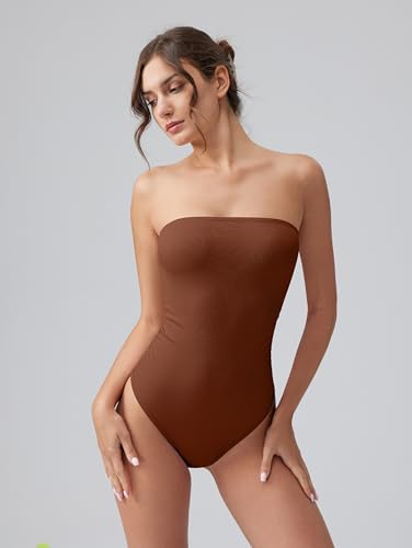 Image of OQQ Womens Tube Bodysuits Strapless Basic Sleeveless Ruched Stretch Classic-Fit Tops Sexy Bodysuits