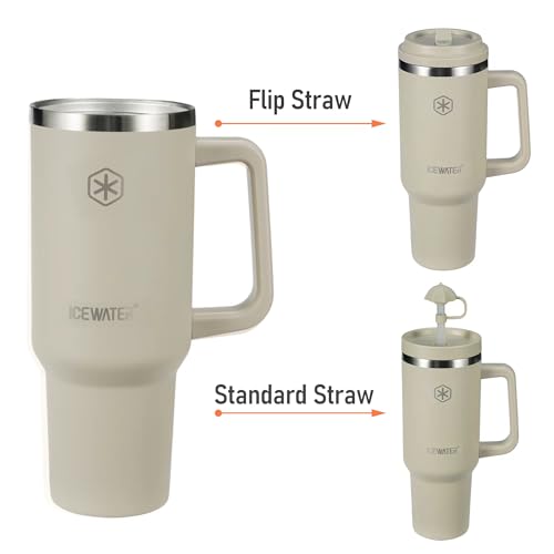 ICEWATER 40 oz Tumbler with 2 Lids (Flip & Standard Straw),100% Leak Proof Insulated Tumbler with Handle, Cup Holder Friendly, Stainless Steel Water Bottle, Gifts for Women & Men (Almond Birch)