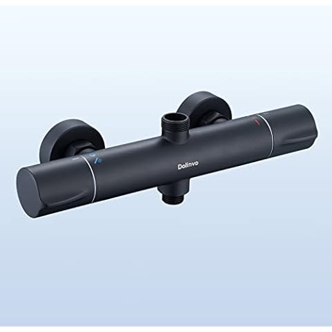 Mezclador Termostato Ducha Negro, Dolinvo Grifo Ducha Redondo con Botón de Seguridad 38 °C y 2 Salidas Cover