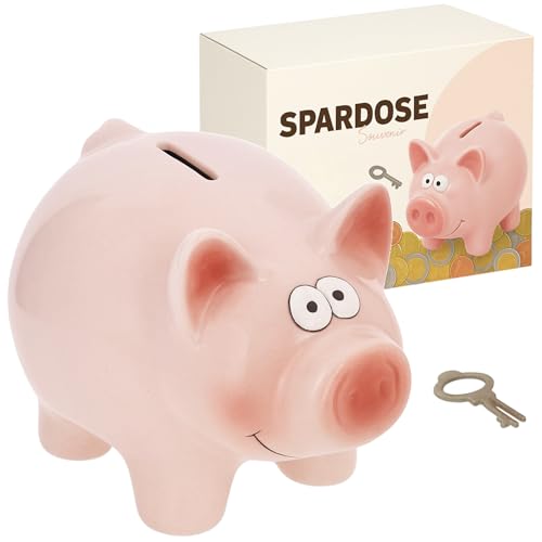 MIJOMA Tirelire cochon avec serrure - Jolie tirelire en céramique dolomite rose clair - Avec clé - 16 x 11,5 x 11 cm - Emballage cadeau d'argent pour enfants...