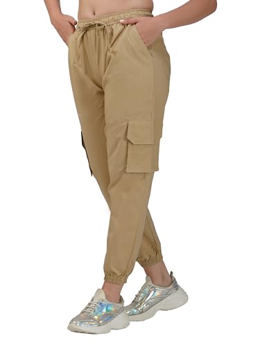 Image of fabcoast Multi-Pocket Cargo Cotton Poplin Jogger Pants for Women Summer Wear Full Elastic with Drawstring and 2 Side Pockets, 2 Back Pockets and 2 Leg Pockets