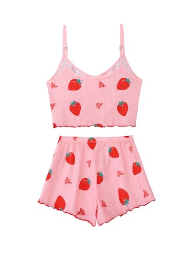 Image of Hilinker Womens Graphic Print Ribbed PJ Set Crop Cami Tops and Shorts Cute Pajamas Set