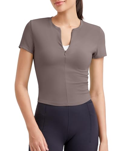 Image of G4Free BareFeel Womens Workout Tops Short Sleeve Half Zip Slim Fit Athletic Shirts Gym Running Yoga Slight Crop Tshirts