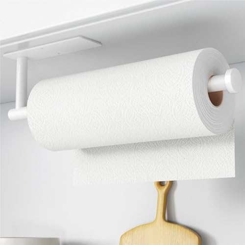 Image of Paper Towel Holder - Self-Adhesive or Drilling, White, Wall Mounted, SUS304 Stainless Steel Kitchen Roll Dispenser Under Cabinet