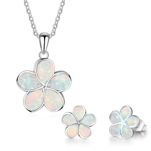 Opal Jewelry Sets for Women White Gold Flower Necklace and Earring Sets for Women Elegant Hypoallergenic White Opal Birthstone Wedding Jewelry Gift (White)