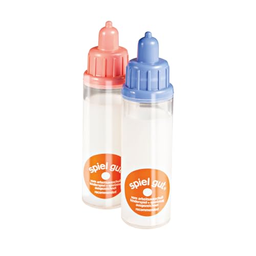 Heless 3050 - Zubehör zur Puppen-Pflege, Trickmilchflasche mit blauem oder rosa Verschluss, in 1 von 2 Designs (zufällige Auswahl)