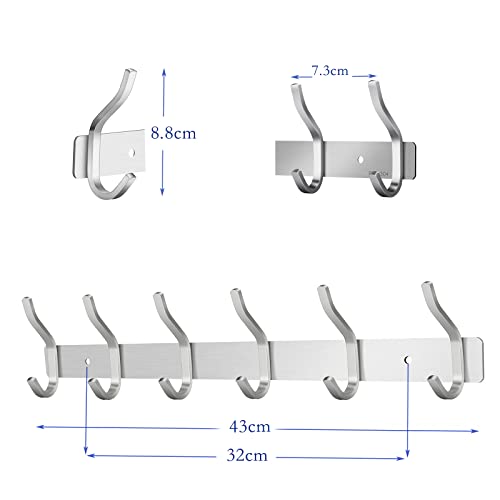 MEIJO Wandkapstok met 6 haken, wandhaken voor handdoeken van roestvrij staal (zilverkleurig, 2 stuks)