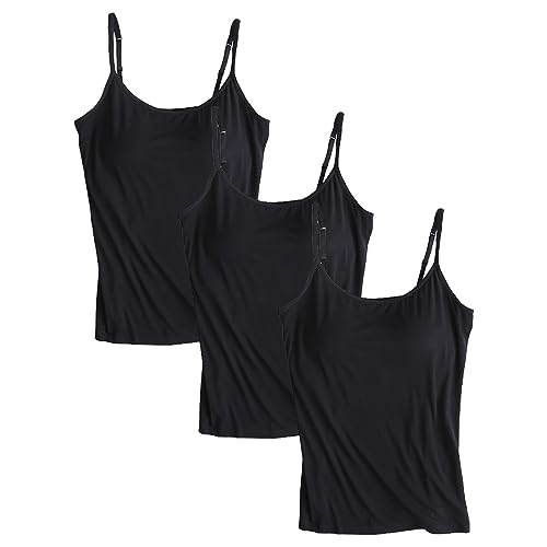 Jamron Mujer 3 Piezas Camisola sin Mangas con Sujetador Integrado Camiseta Interior con Tirantes Finos Ajustables Negro + Negro + Negro M