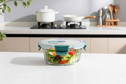 Image of STEGL 650ml Round Glass Food Storage Container with Vented Cool Lock Lid | Airtight Meal Prep Box with Anti-Drop Slip-Vent | Microwave & Fridge Safe Kitchen Container with Striped Design