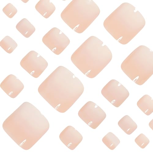 Image of Pink White Press on Toenails French Tip Fake Toenails Short Square False Toes with Ombre Design Glossy Full Cover Stick on Toe Nails Artificial Acrylic Glue on Toenails for Women Manicure 24Pcs