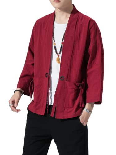 Image of Men's Japanese Kimono Cardigan Loose Cotton Linen 3 /4 Sleeve Open Front Casual Summer Shirt Jackets