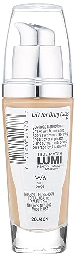 L'OREAL PARIS True Match Lumi Healthy Luminous Makeup All Skin Full Coverage Liquid Foundation, W6 Sun Beige, 1 Fl. Oz.