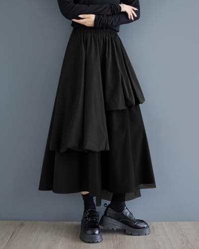 ellazhu Women's Skirt Casual High Waist Mid Length Loose Oversize Guaze Solid GZ3354