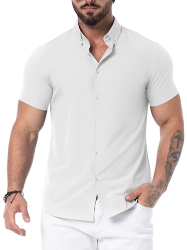 QIXING Camisa de manga corta para hombre, sin arrugas, casual, elástica, ajustada, con botones, B05 Blanco, XXL