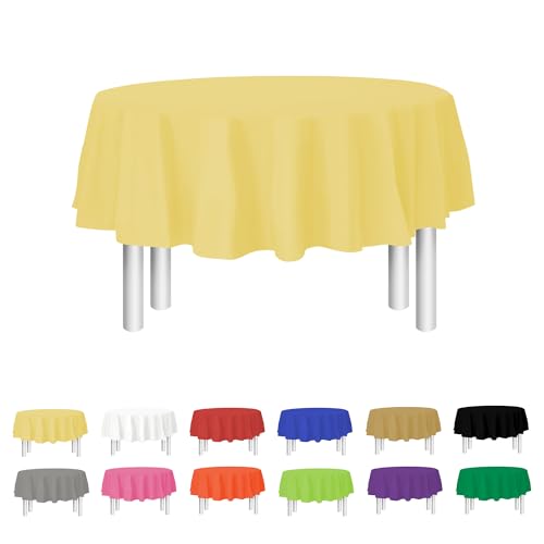 Image of Party Dimensions Yellow Disposable Plastic Tablecloth for Round Tables (12 Pack) 84 inches Table Cloths for Parties, Events & Weddings, Indoors & Outdoors, Plastic Table Cover