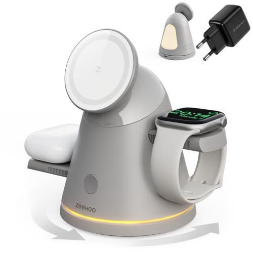 Stazione di ricarica 3 in 1 per dispositivi Apple,Mag-Safe Charger Stand & Light,Stazione di ricarica wireless veloce per iPhone 17/16/15/14/13 AirPods & iWatch&Samsung Watch (Grigio & EU Plug)