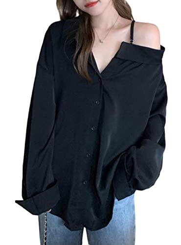 [ＳＨＵＭＩＮＧ]シャツ レディース 長袖 ゆったり オフショルダー トップス ブラウス 無地 カジュアルシャツ オーバーサイズ 韓国ファッション 白シャツ(FREESIZE黒)のサムネイル