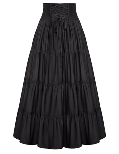 SCARLET DARKNESS Flowy Skirts for Women Long Black Skirt Casual High Waist Tiered Maxi Skirt with Pockets Black L