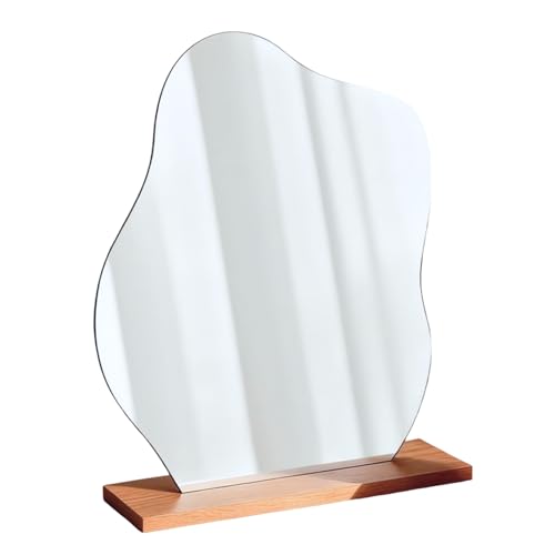 leruiyezs Miroir de Maquillage en Acrylique sans Cadre Miroirs avec Design Irrégulier Et Base en Bois Stable pour Chambre Salon Bureau Miroir de Table avec Socle Décoratifs de Table Miroir Irregulier