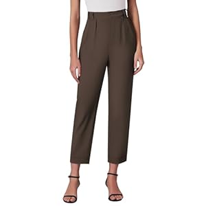 GRAPENT Capri Dress Pants for Women High Waisted Pleated Lightweight Straight Leg Elastic Wasit Crop Trousers Work Pants