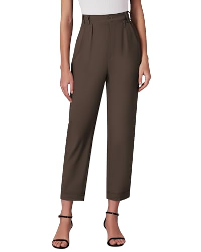 GRAPENT Capri Dress Pants for Women High Waisted Pleated Lightweight Straight Leg Elastic Wasit Crop Trousers Work Pants