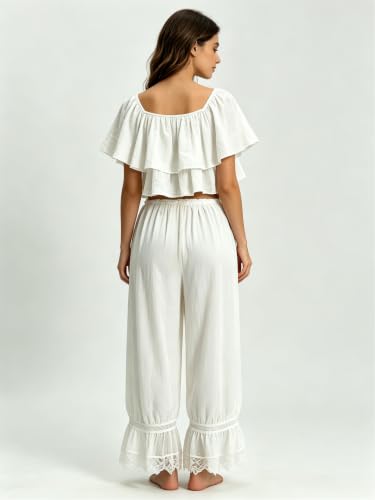 Image of UAURORAO Women Lace Trim Bloomer Pants Flowy Culottes Pantaloons Bloomers