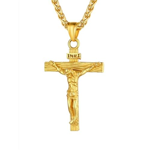 U7 Men Crucifix Cross Pendant with Chain Baptism Christian Jewelry Stainless Steel/18K Gold Antique Jesus Necklace, Gift Packed,Length 22" 26inch 01.
