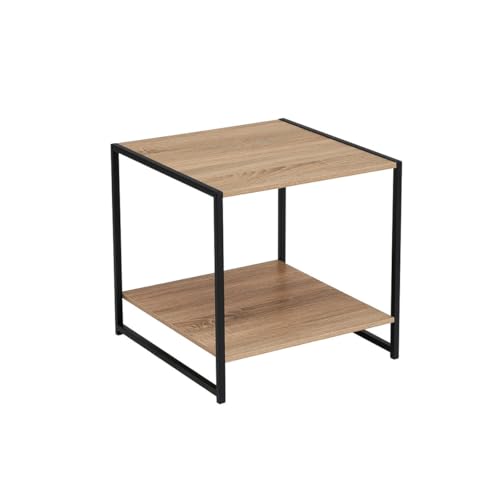 LOLAhome   Mesa Auxiliar Urban Metal Negro y Tablero Natural de 50x50x50 cm. Mesita de Salón Cuadrada con Estante Inferior Ideal Junto al Sofá para Almacenaje. Soporta 30kg