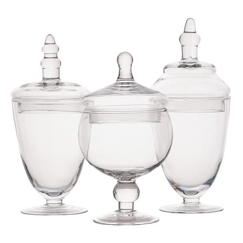 Elements Clear Glass Apothecary Jars with Lids, Set of 3 - Decorative Storage Jars for Home, Kitchen, Bathroom - 10, 9.5, 8.5 Inch Handcrafted Display Jar Set