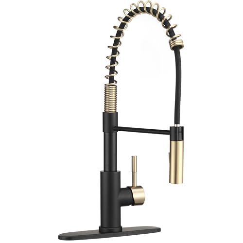 Image of Dura Faucet DF-MK504SLK-MB RV Swivel High-Arc Spring Kitchen Sink Faucet - Single Handle - Kitchen Faucet with Pull-Down Sprayer - Optional Deck Plate (Matte Black /Matte Gold)