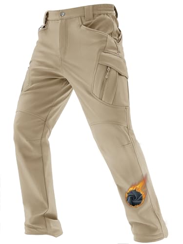 TACVASEN Winter Hiking Pants for Men Warm Thermal Fleece Lined Khaki Cargo Work Pants Water Repellent Snowboard Thick Tactical Trousers with 9 Pockets