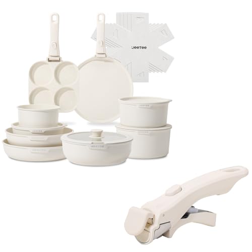Image of JEETEE Pots and Pans Set Non Stick 20 Pcs Bundle JEETEE Removable Handle Cream White