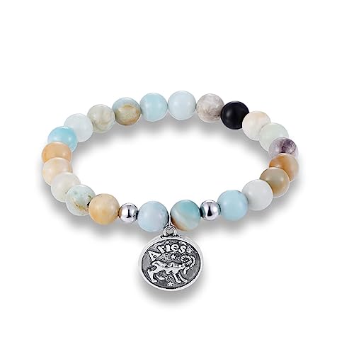 LODMLOER Aries 12 Signos del Zodiaco Naturaleza Amazonita Cuentas Pareja Pulseras - Mujeres Vintage Constelación Pulsera, Horóscopo Hombres Pulseras con Dijes, Aries