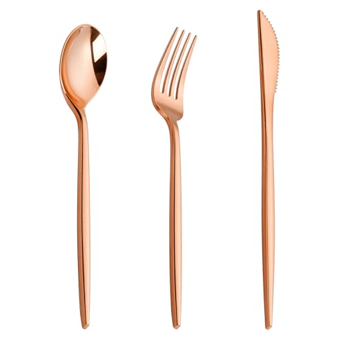 PULOTE 150PCS Rose Gold Plastic Silverware Set - Heavy Duty Rose Gold Utensils - Plastic Cutlery Disposable - Include 50 Forks, 50 Knives, 50 Spoons for Party & Wedding