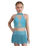 Agoky Mädchen Neckholder Crop Top und Fransen Rock Glitzer Strasssteine...