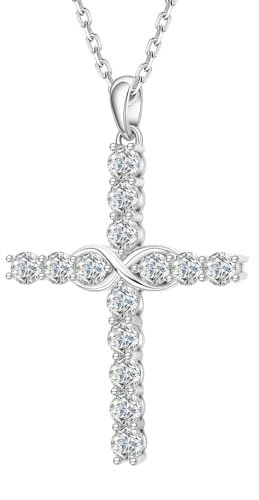 Diamond Cross Necklace for Women, Moissanite Pendant Necklace, S925 Sterling Silver Plated White Gold Jewelry Gift for Birthday Anniversary Wife Mom