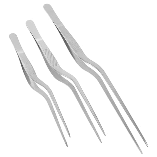 ROMISBABA Stainless Steel Fish Bone Tweezers and Kitchen Tongs 14cm, 16cm, 20cm Curved Tip Metal Food Tweezers for Cooking and Fishbone Removing 3pcs Set