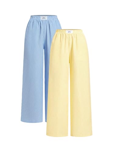 Women's 2 Packs Striped Pants Elastic Waist Wide Leg Pants Casual Long Trousers with Pockets