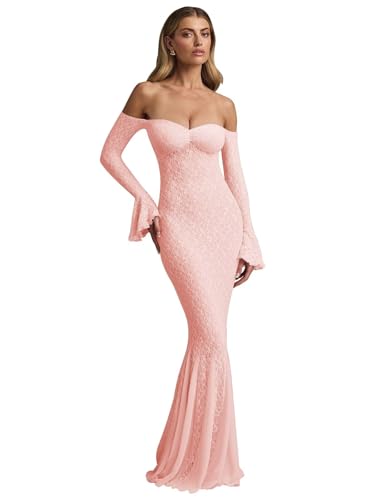 Lace Ruffle Prom Dress Long Bell Sleeve Off The Shoulder Mermaid Bodycon Formal Dress for Women