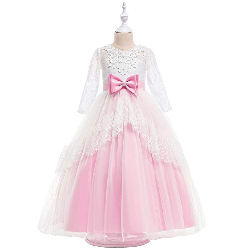 PHSFUBEL Children's Autumn and Winter Dress Lace Hollow Puffy Princess Long Sleeve Flower Girl Clothes-Pink XXL
