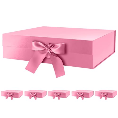 GREEN BEAN 6 Large Gift Boxes with Lids for Present 13x9.7x3.4 Inches, Pink Magnetic Gift Box with Ribbon, Bridesmaid Proposal Boxes, Luxury Gift Boxes (Glossy Pink)