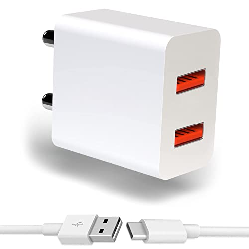 Image of Dual Port Charger for Vivo Y21T / Y 21 T Charger Original Adapter Like Wall Charger | Mobile Charger | Fast Charger | Android USB Charger With 1 Meter USB Type C Charging Data Cable (3.4 Amp, 2-Port, TED13, White)