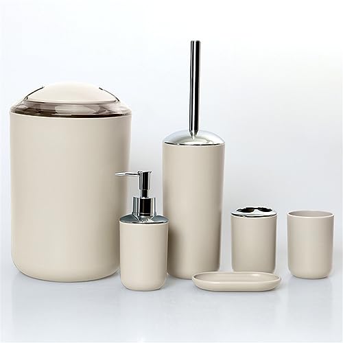6-Piece Beige Plastic Bathroom Accessories Set - Vanity Kit with Toilet Brush Toothbrush Holder Soap Dish Trash Can Lotion Dispenser for Modern Home Decor