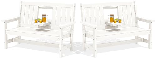 Image of SERWALL HDPE Outdoor Bench with Cup Holder Oversized 58 inch Porch Bench, White