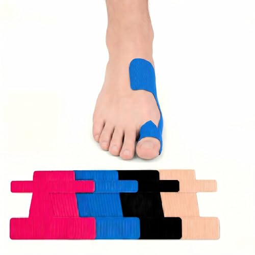 Hallux Valgus Kinesiotape - 30 Stk 4 Farben (Rot Blau Schwarz Haut) Vorgeschnittene Kinesiotape Zehen zur Korrektur & Entlastung - Hautfreundlich & Atmungsaktiv - Pflaster für Damen & Herren Alltag