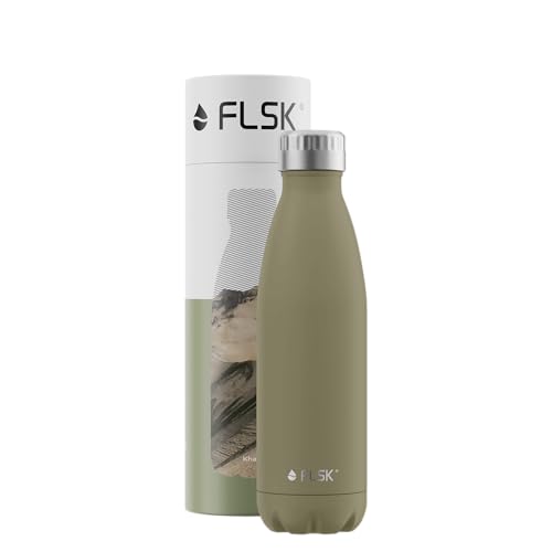 FLSK Das Original New Edition Edelstahl Trinkflasche • Kohlensäure geeignet • Die Isolierflasche hält 18 Stunden heiß und 24 Stunden kalt • ohne BPA und rostfrei, Khaki