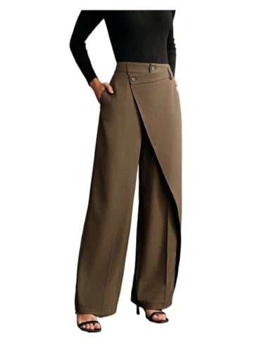 Women Casual Solid Color Asymmetrical Drape Straight Leg Office Pants Work Pants