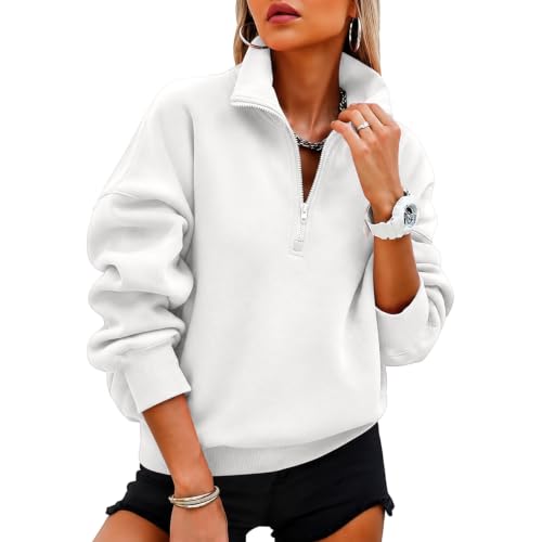 Oversized Quarter Zip Pullover Women Casual Half Zip Sweatshirts White L - image 5