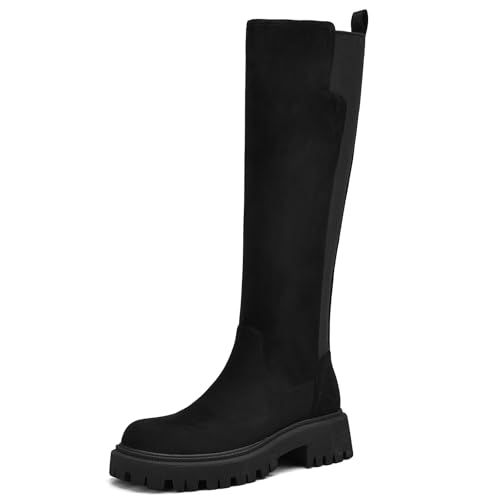 Image of TEAIEU Knee High Boots for Women, Platform Chunky Block Low Heel Tall Boots, Round Toe Side Zipper Fall Long Boots for Dress, Stretch Calf, Comfortable