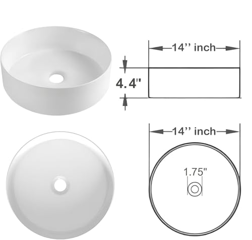 Image of META Premium Round Ceramic Table Top Wash Basin | Modern White Glossy Countertop Vessel Sink for Bathroom | Minimalist European Style Luxury Vanity Basin (14x14x4.5 Inch)